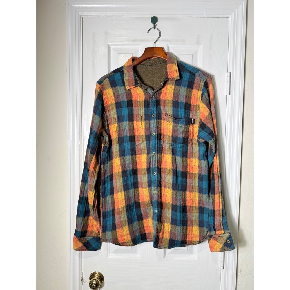 KAVU Reversible Plaid Flannel Shirt Jacket‎ Large Cotton Button Front Outdoor
